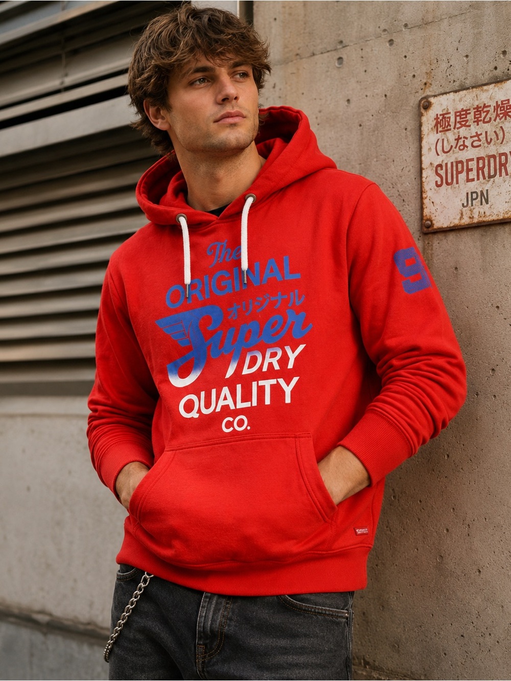 Superdry Red Graphic Hoodie Size L Y2K Streetwear Japanese Logo Pullover Skater